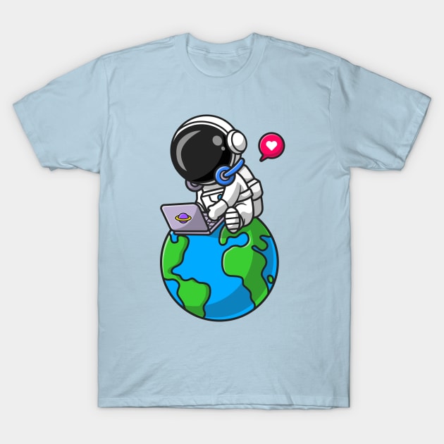 Cute Astronaut Working With Laptop On Earth Cartoon T-Shirt by Catalyst Labs